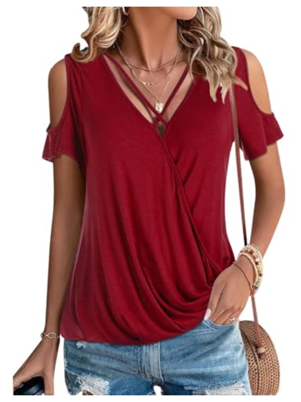 Womens Cold Shoulder Criss Cross V Neck Short Sleeve Loose Fit Blouse